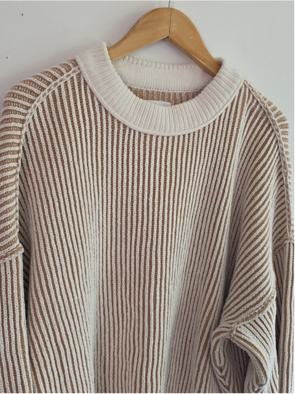 aerie Cream and Tan Striped Ribbed Crewneck Sweater - Picture 2 of 13